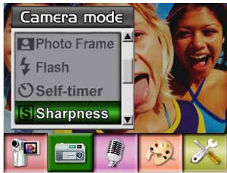 Camera mode Photo Frame Flash Self-timer Sharpness