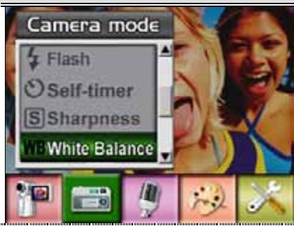 Camera mode Flash Self-timer Sharpness WE White Balance