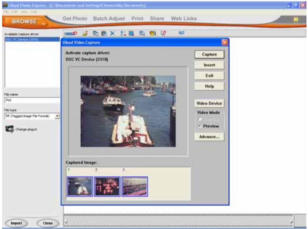 BROWSE Get Photo Batch Adjust Print Share Web Links Available capture driver: DSC VC Device (3310) Uread Video Capture Activate capture driver: DSC VC Device (3310) Capture Insert Exit Help Vides Device Video Mode Preview Advance... File name: Pct File type: TP (Tagged Image File Format) Change plugin Captured Image: 1 2 3 Import Close