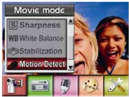 Movie mode Sharpness WB White Balance Stabilization Motion Detect