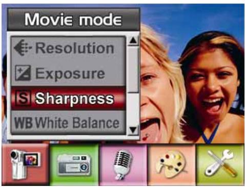 Movie mode Resolution Exposure Sharpness WB White Balance