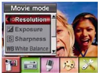 Movie mode Resolution Exposure Sharpness WB White Balance