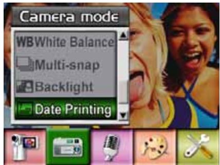 Camera mode WB White Balance Multi-snap Backlight Date Printing