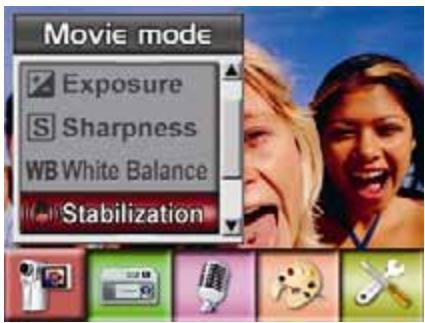 Movie mode Exposure Sharpness WB White Balance Stabilization