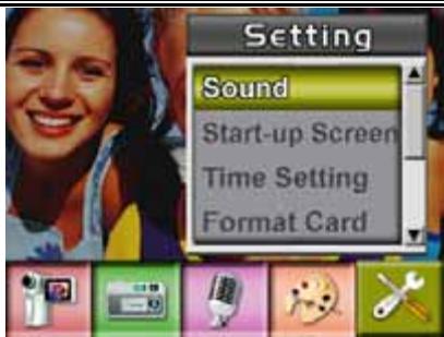Setting Sound Start-up Screen Time Setting Format Card