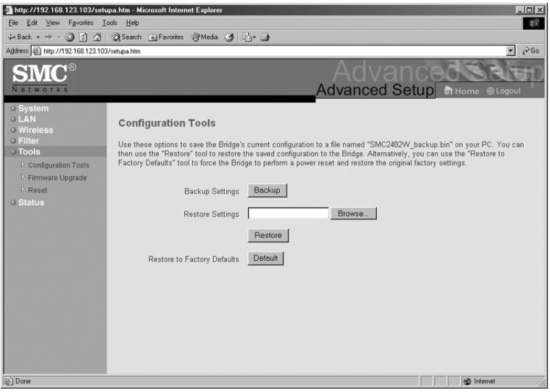 SMC 2482W - Using the Web-based Utility to reset the SMC2482W to factory defaults - 1