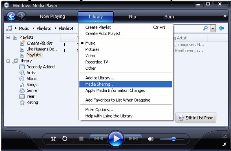 TANGENT QUATTRO - Selecting 'Media Sharing...' for Windows Media Player 11: - 1