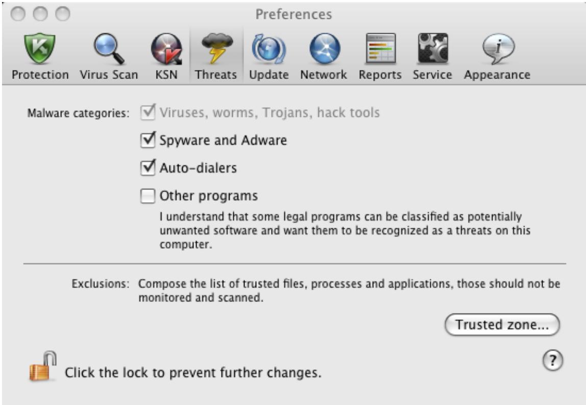 KASPERSKY ANTI-VIRUS 2011 FOR MAC - SELECTING MALICIOUS PROGRAMS TO BE MONITORED - 1