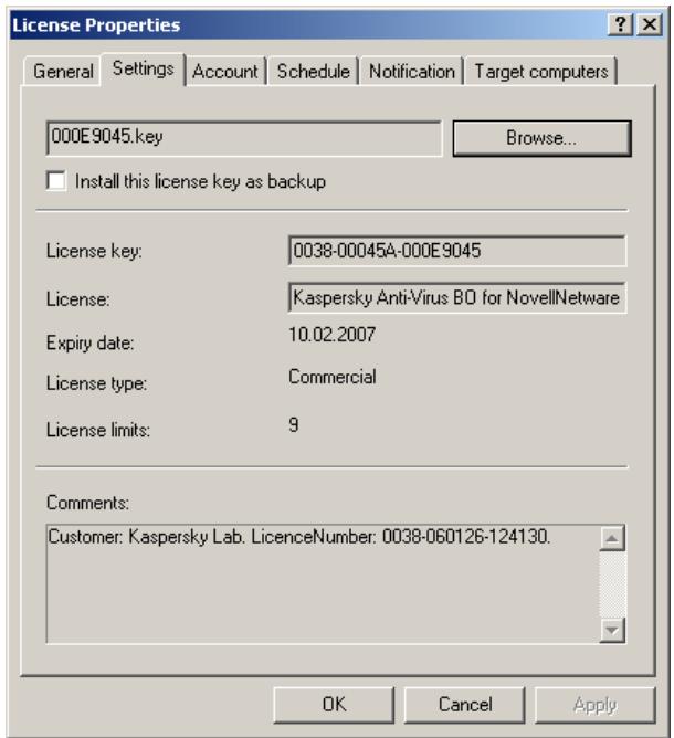 KASPERSKY ANTI-VIRUS 5.7 - Configuring specific settings for the license key installation task - 1