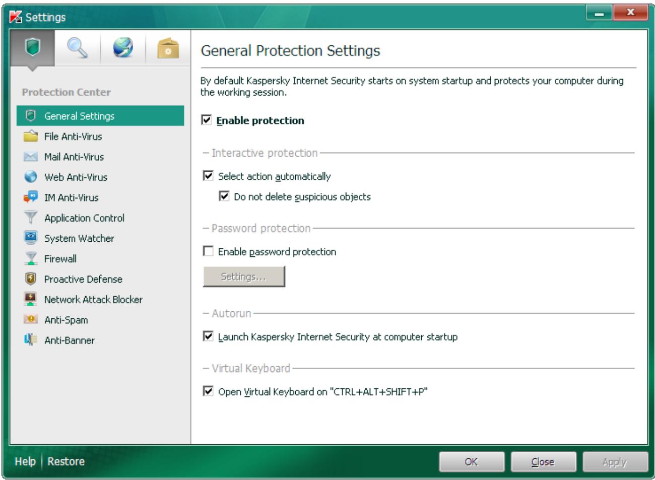 KASPERSKY INTERNET SECURITY 11.0 - APPLICATION SETTINGS WINDOW - 1