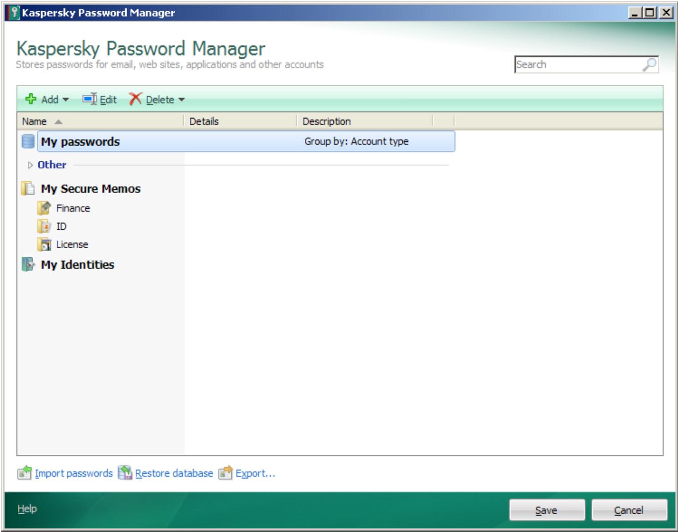 KASPERSKY PASSWORD MANAGER - Password DATABASE WINDOW - 1