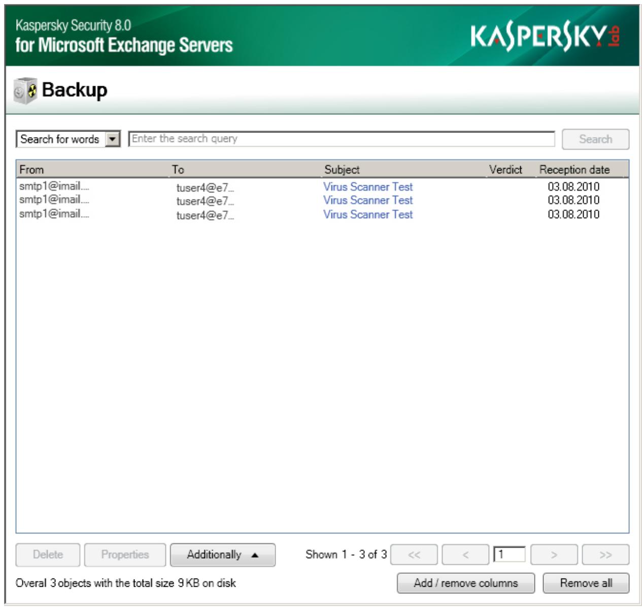 KASPERSKY SECURITY FOR MICROSOFT EXCHANGE SERVERS - VIEWING THE BACKUP STORAGE - 1