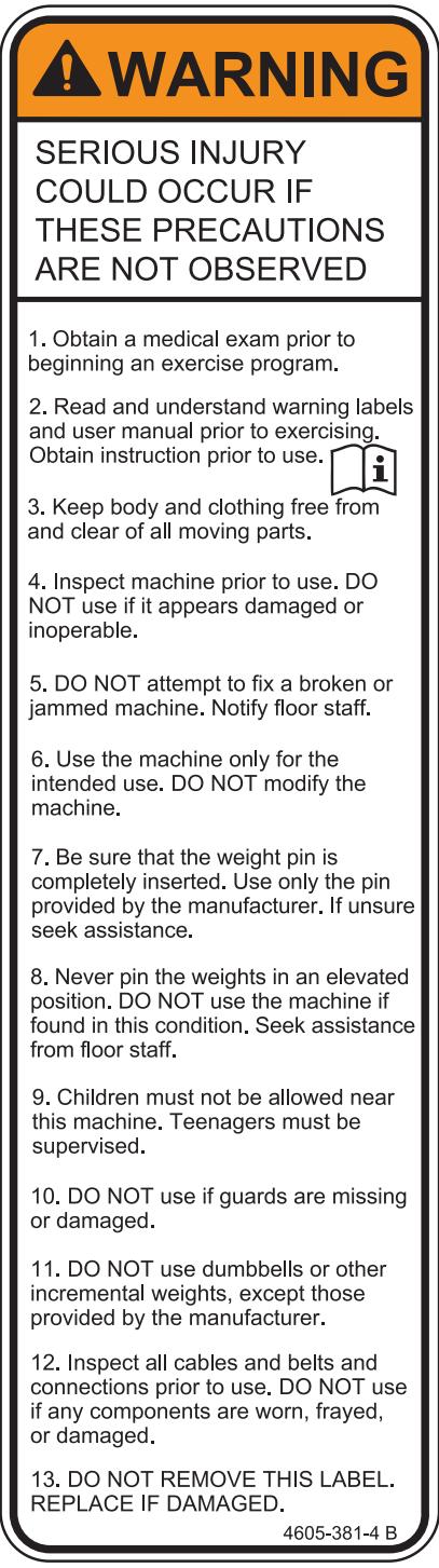 CYBEX INTERNATIONAL 12020 PULLDOWN - Warning/Caution Decals - 1
