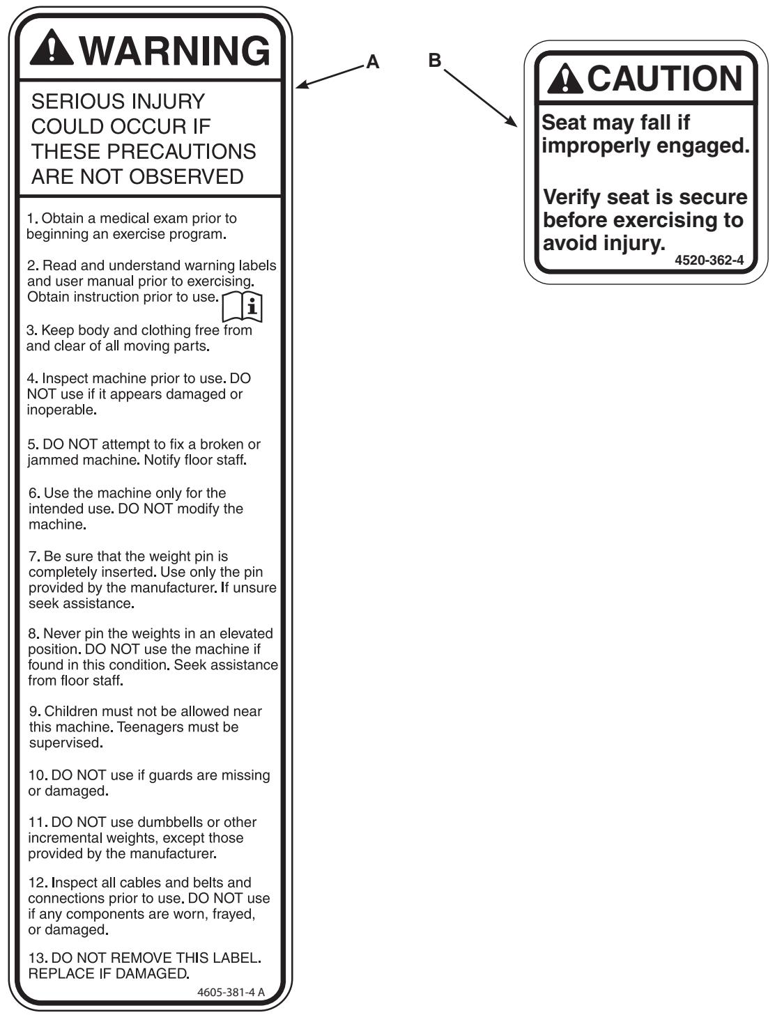 CYBEX INTERNATIONAL 12110 FLY - Warning/Caution Decals - 1