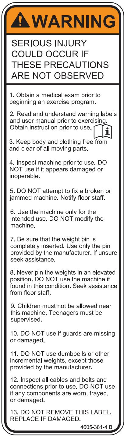 CYBEX INTERNATIONAL FT 325 - Warnings and Cautions - 1