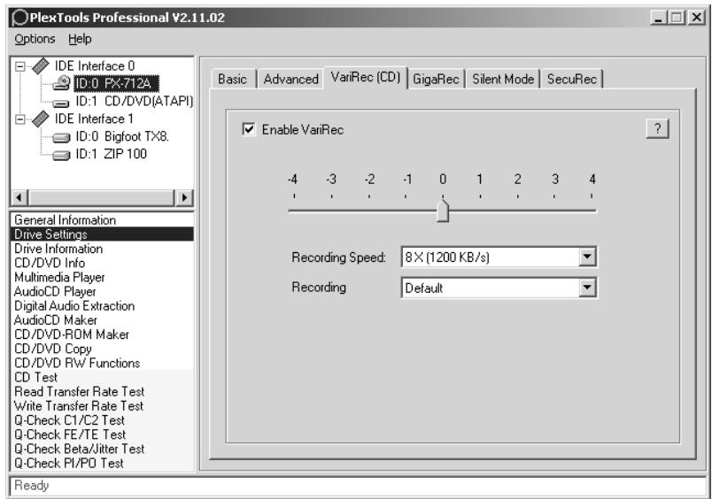 PLEXTOR PX-712A - To use PlexTools Professional to change VariRec settings for writing: - 1