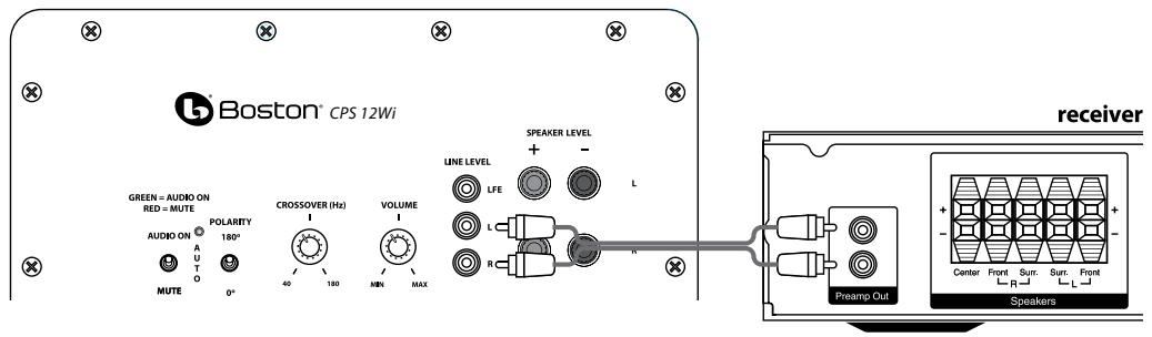BOSTON ACOUSTICS CPS 8WI - Connecting to Electronics Without a Subwoofer Output - 1