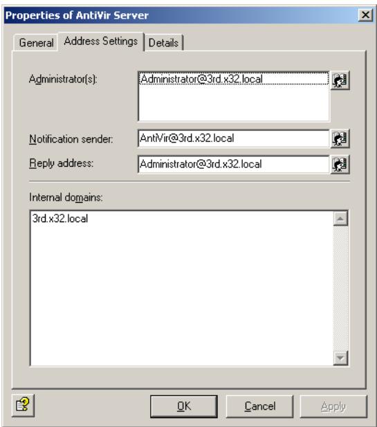 AVIRA ANTIVIR EXCHANGE - Definition of e-mail addresses and internal domains - 1