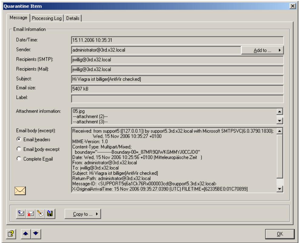 AVIRA ANTIVIR EXCHANGE - Example of a Quarantined Message - 1