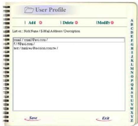 AVISION NETDELIVER @V5100 - Click "User Profile", the following User Profile screen appears. - 4