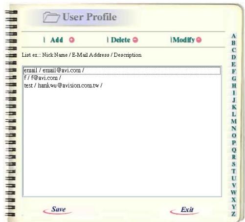 AVISION NETDELIVER @V5100 - Click "User Profile", the following User Profile screen appears. - 7