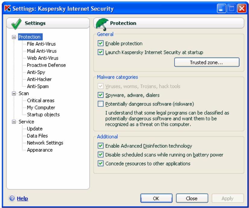 KAPERSKY ANTI-VIRUS 6.0 - Program settings window - 1