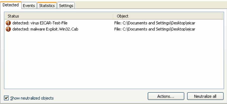 KAPERSKY ANTI-VIRUS 6.0 - The Detected tab - 1