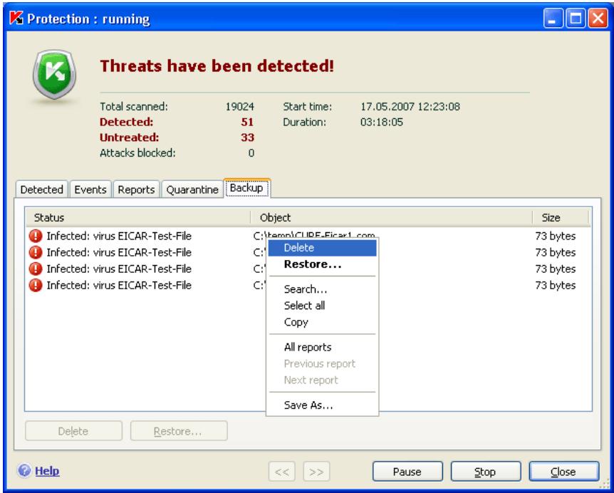 KAPERSKY ANTI-VIRUS 7.0 - Actions with backup copies - 1