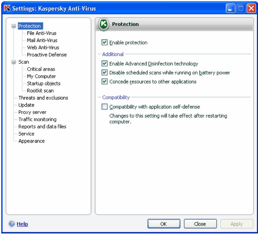 KAPERSKY ANTI-VIRUS 7.0 - Program settings window - 1