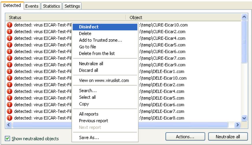 KAPERSKY ANTI-VIRUS 7.0 - The Detected tab - 1