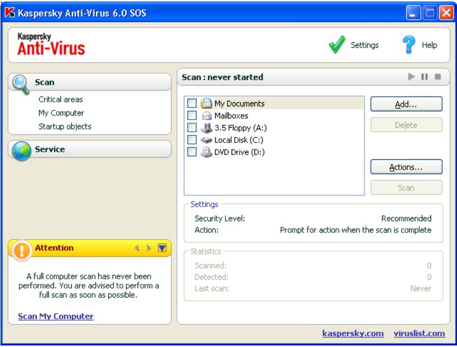 KASPERSKY LAB ANTI-VIRUS 6.0 SOS - Main program window - 1