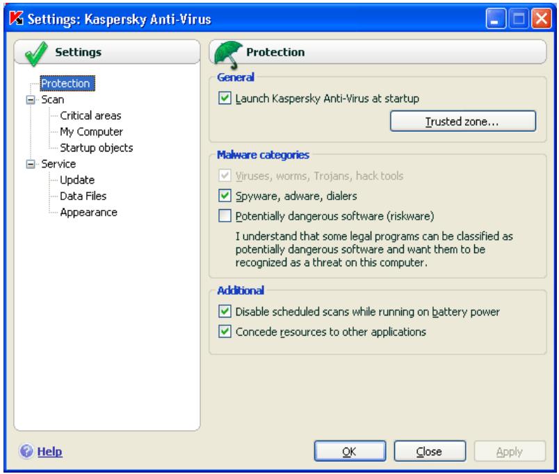 KASPERSKY LAB ANTI-VIRUS 6.0 SOS - Program settings window - 1