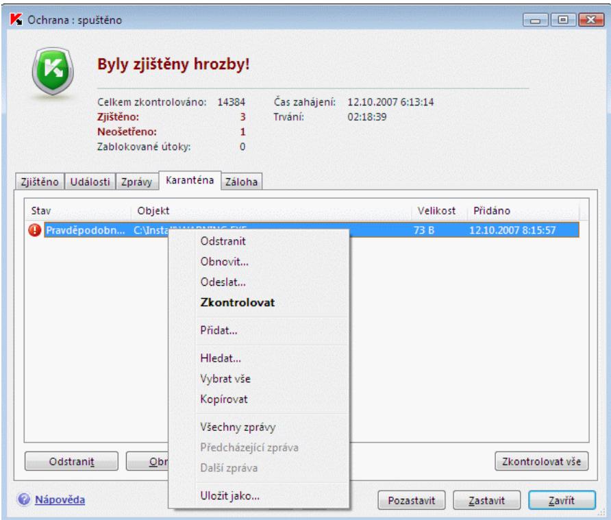 KASPERSKY LAB INTERNET SECURITY 7.0 - Akce s objekty umistěnými do karantény - 1
