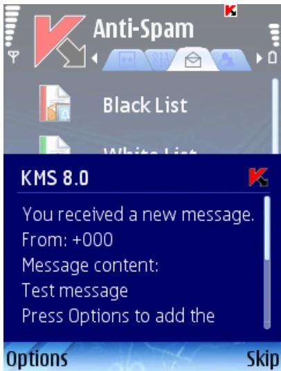 KASPERSKY LAB MOBILE SECURITY 8.0 - SELECTING AN ACTION TO BE PERFORMED WITH INCOMING MESSAGES - 1