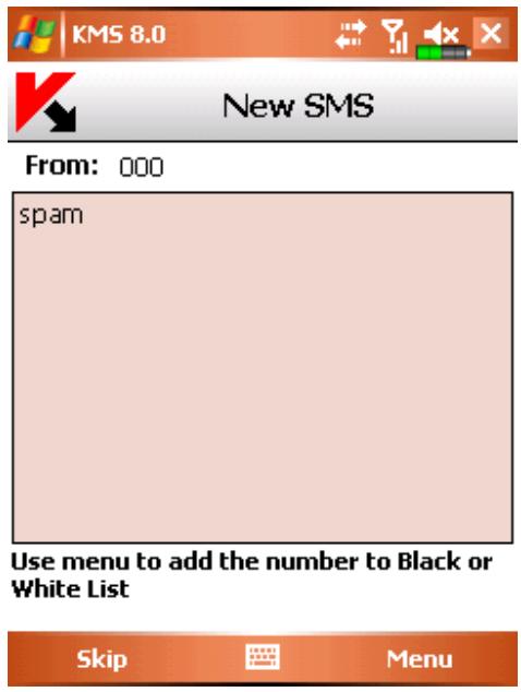 KASPERSKY LAB MOBILE SECURITY 8.0 - SELECTING AN ACTION TO BE PERFORMED WITH INCOMING MESSAGES - 1