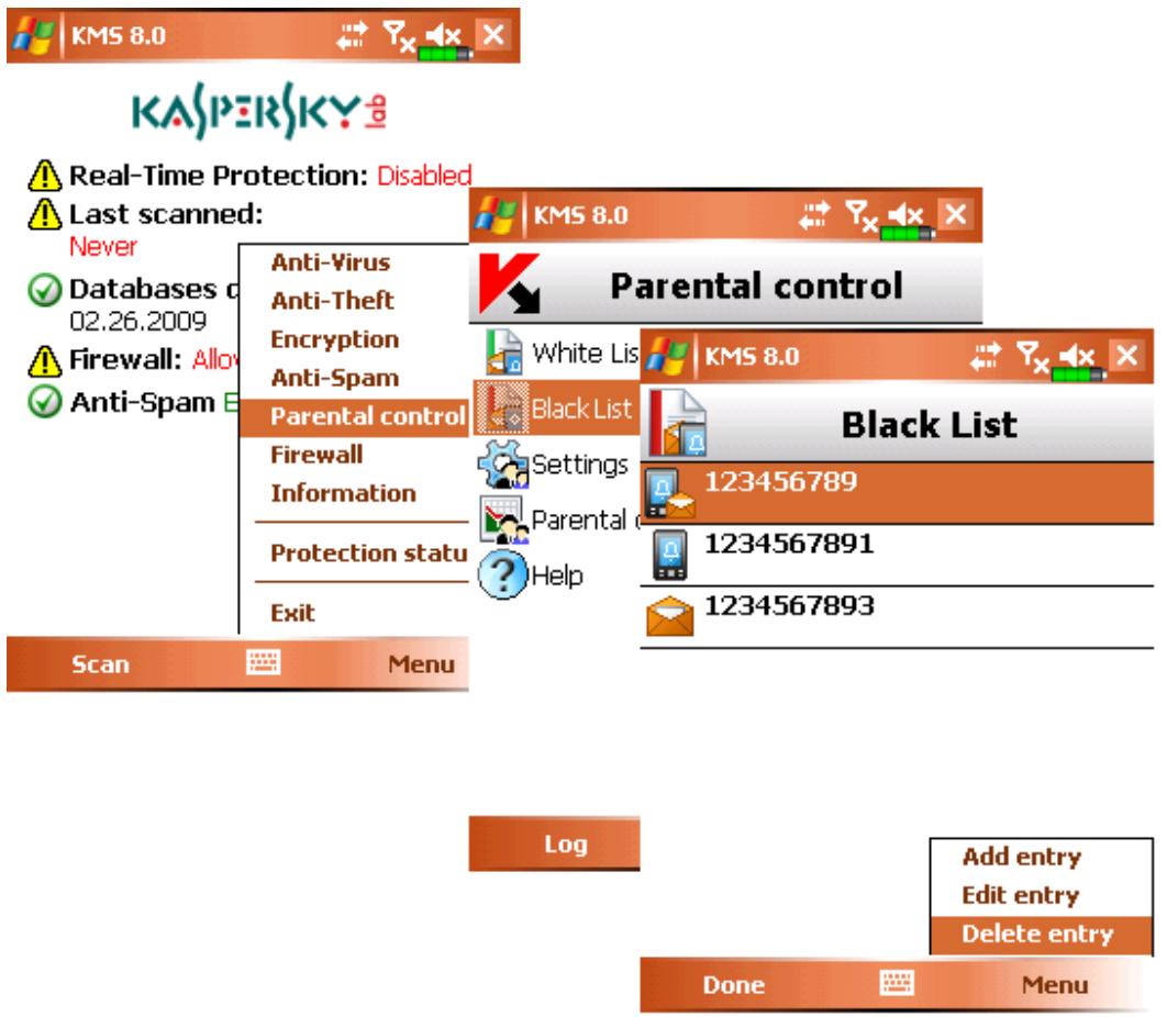 KASPERSKY LAB MOBILE SECURITY 8.0 - Deleting an entry - 1