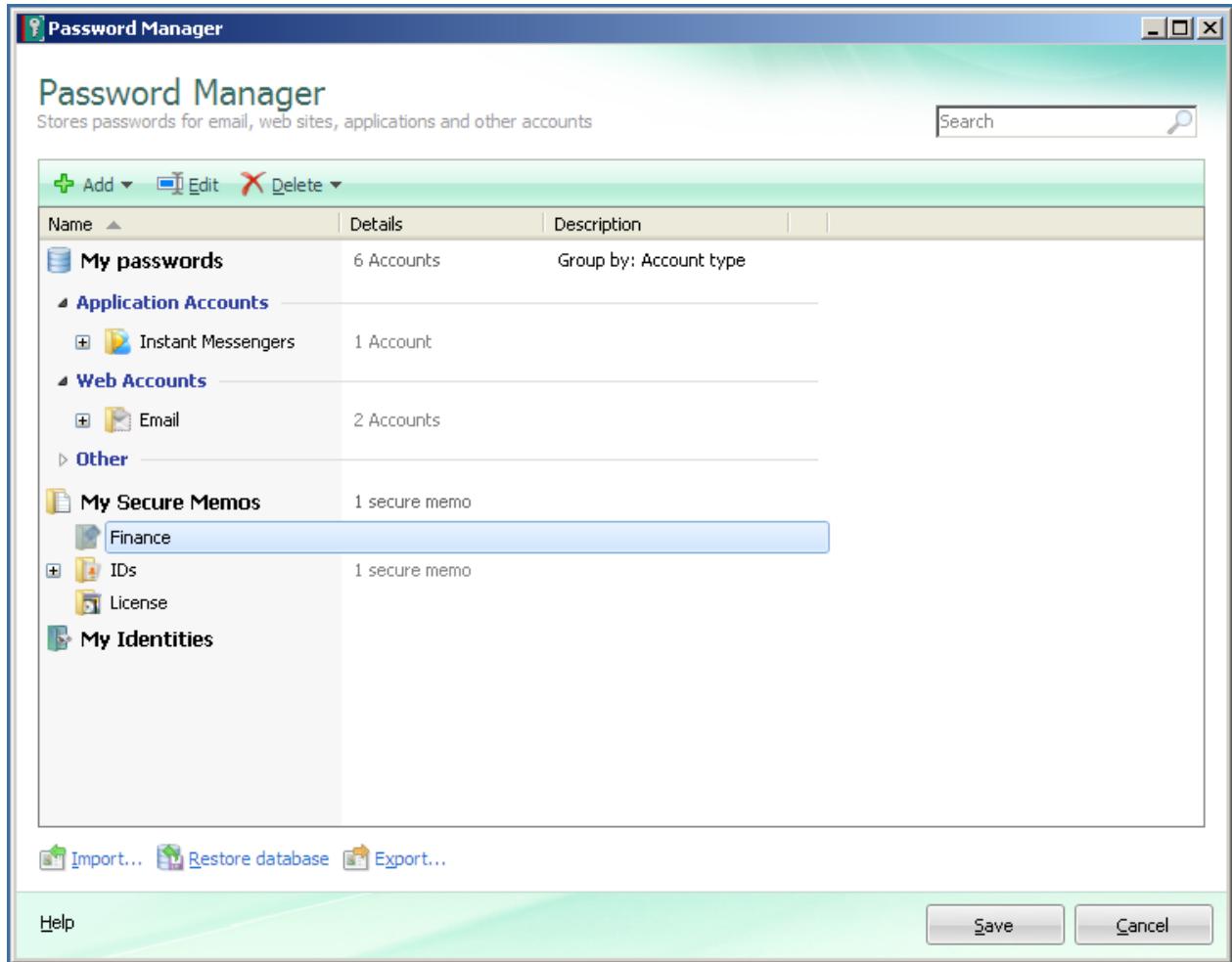 KASPERSKY LAB PURE 9.1 - Password DATABASE WINDOW - 1