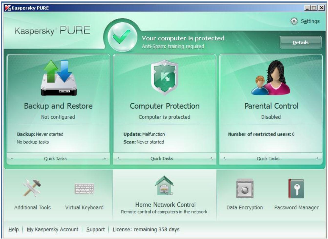 KASPERSKY LAB PURE 9.1 - KASPERSKY PURE MAIN WINDOW - 2