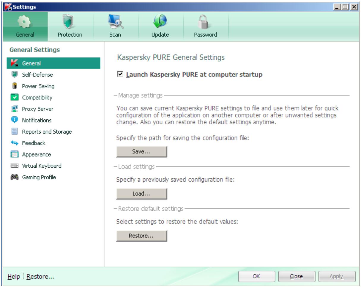 KASPERSKY LAB PURE 9.1 - APPLICATION SETTINGS WINDOW - 1