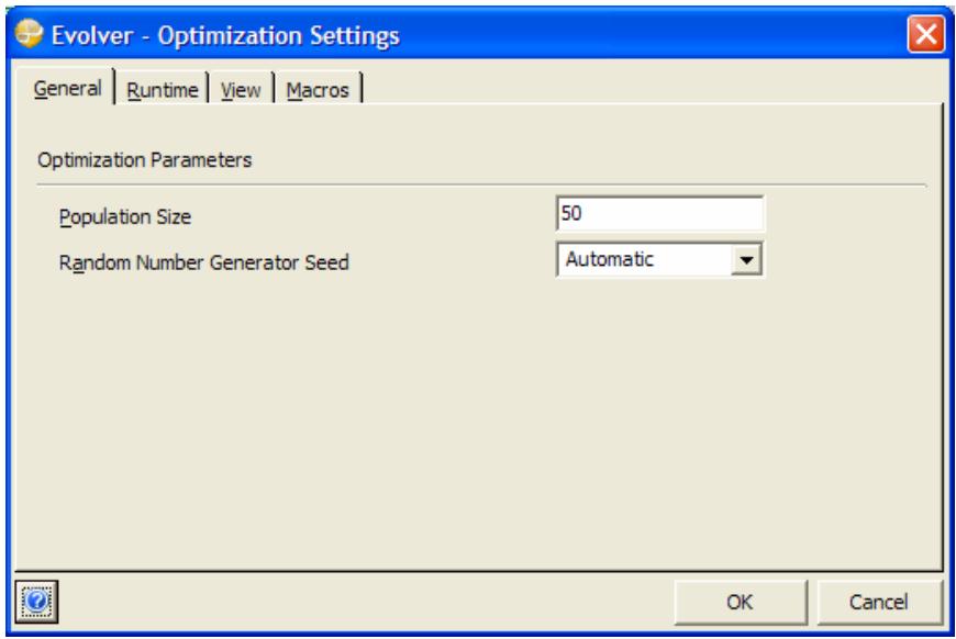 PALISADE EVOLVER 5.5 - Optimization Settings Command - General Tab - 1