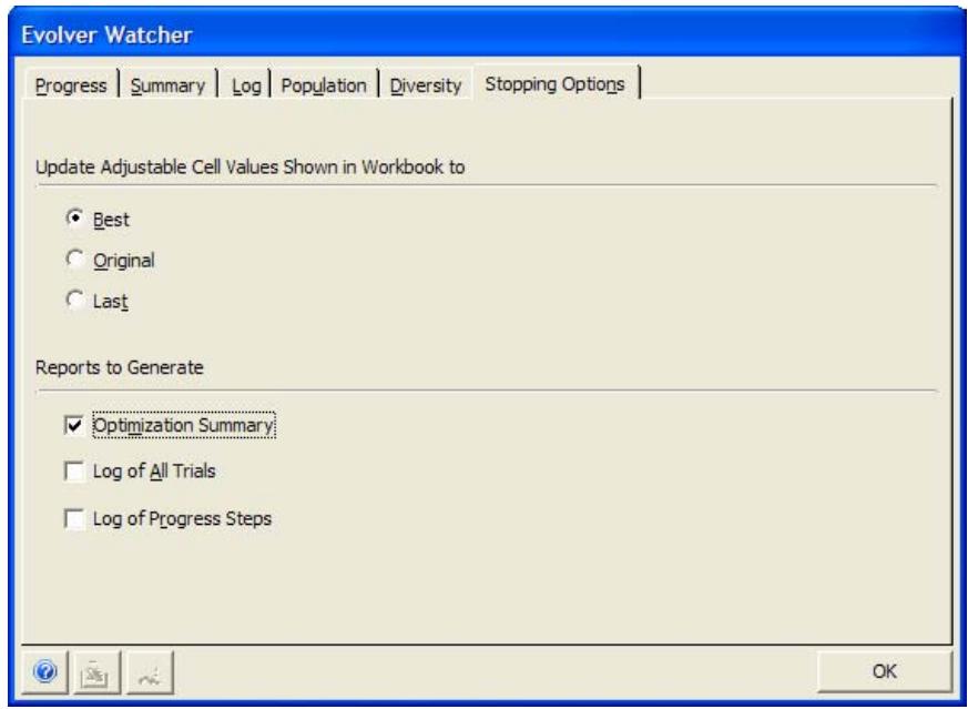 PALISADE EVOLVER 5.5 - Displays stopping options for the optimization - 1