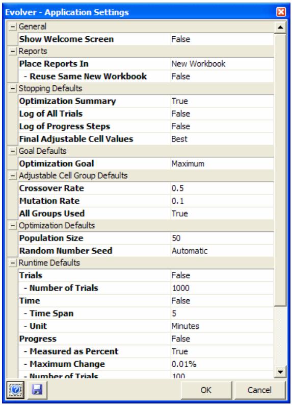 PALISADE EVOLVER 5.5 - Displays the Application Settings dialog where program defaults can be set - 1