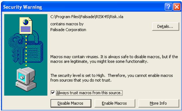 PALISADE EVOLVER 5.5 - Macro Security Warning Message on Startup - 1