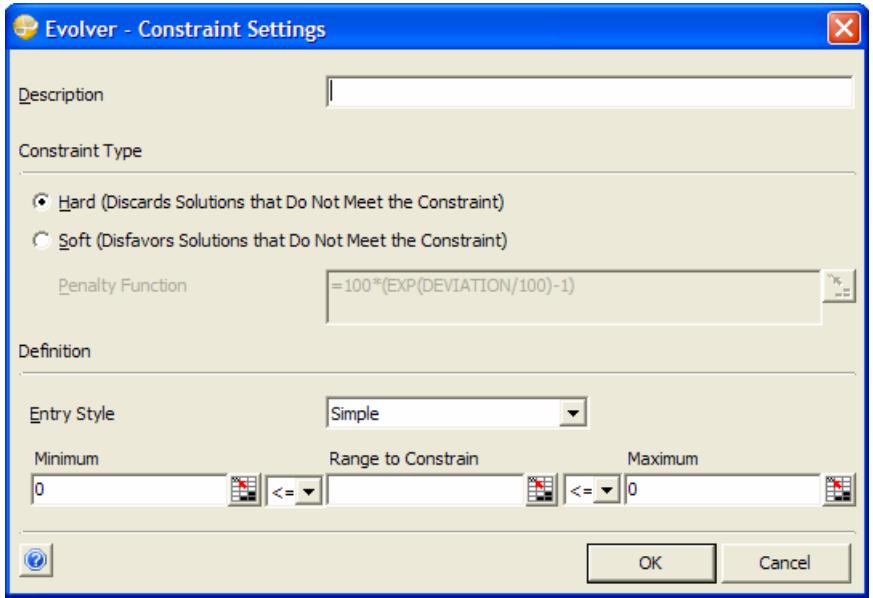 PALISADE EVOLVER 5.5 - 1) Click the Add button in the Constraints section of the main Evolver dialog. - 1