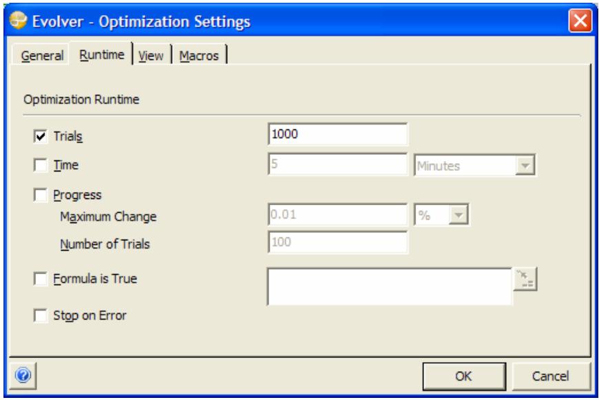 PALISADE EVOLVER 5.5 - Defines the runtime settings for an optimization - 1