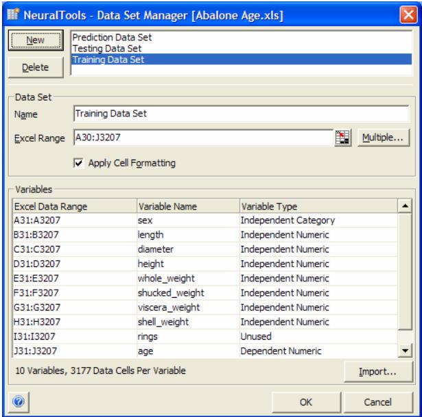PALISADE NEURALTOOLS 5.5 - Data Set Manager Dialog Box - 1