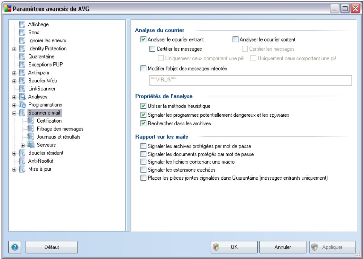 Paramètres avancés de AVG Affichage Sons Ignorer les erreurs Identity Protection Quarantaine Exceptions PUP Anti-spam Bouclier Web LinkScanner Analyses Programmations Scanner e-mail Certification Filtrage des messages Journaux et résultats Serveurs Bouclier résident Anti-Rootkit Mise à jour Analyse du courrier Analyser le courrier entrant Analyser le courrier sortant Certifier les messages Certifier les messages Uniquement ceux comportant une piè Uniquement ceux comportant une piè Modifier l'objet des messages infectés ***VIRUS*** Propriétés de l'analyse Utiliser la méthode heuristique Signaler les programmes potentiellement dangereux et les spywares Rechercher dans les archives Rapport sur les mails Signaler les archives protégées par mot de passe Signaler les documents protégés par mot de passe Signaler les fichiers contenant une macro Signaler les extensions cachées Placer les pièces jointes signalées dans Quarantaine (messages entrants uniquement) Défaut OK Annuler Appliquer