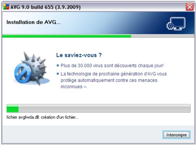 AVG 9.0 build 655 (3.9.2009) Installation de AVG... Le saviez-vous ? • Plus de 30.000 virus sont découverts chaque jour! • La technologie de prochaine génération d'AVG vous protège automatiquement contre ces menaces inconnues –. fichier avgfwda.dll: création d'un fichier... Interrompre