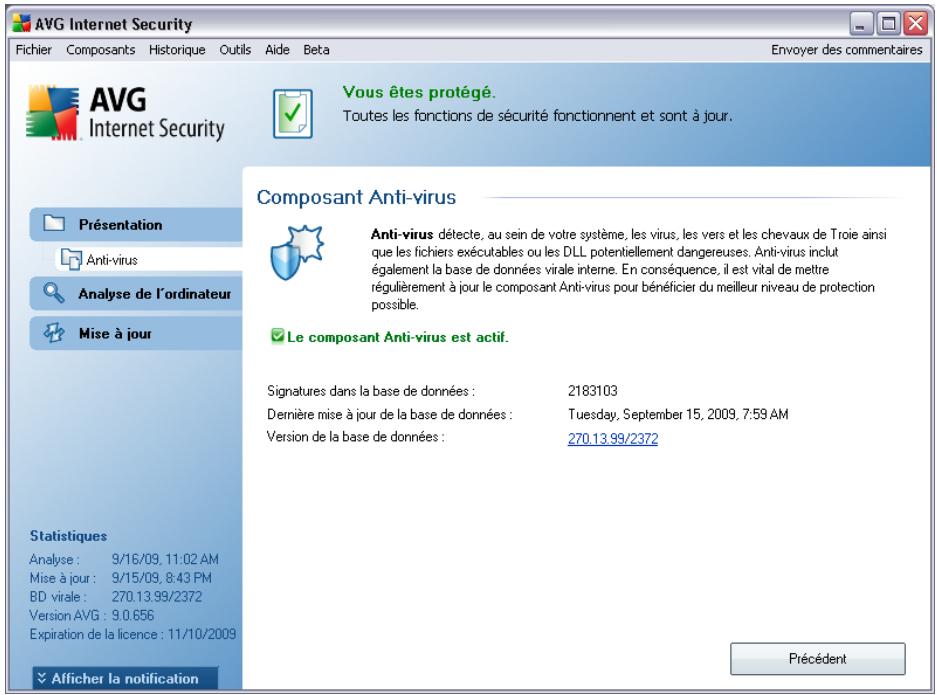 AVG Internet Security Fichier Composants Historique Outils Aide Beta Envoyer des commentaires AVG Internet Security Présentation Anti-virus Analyse de l'ordinateur Mise à jour Statistiques Analyse : 9/16/09, 11:02 AM Mise à jour : 9/15/09, 8:43 PM BD virale : 270.13.99/2372 Version AVG : 9.0.656 Expiration de la licence : 11/10/2009 Afficher la notification Vous êtes protégé. Toutes les fonctions de sécurité fonctionnent et sont à jour. Composant Anti-virus Anti-virus détecte, au sein de votre système, les virus, les vers et les chevaux de Troie ainsi que les fichiers exécutables ou les DLL potentiellement dangereuses. Anti-virus inclut également la base de données virale interne. En conséquence, il est vital de mettre régulièrement à jour le composant Anti-virus pour bénéficier du meilleur niveau de protection possible. Le composant Anti-virus est actif. Signatures dans la base de données : 2183103 Dernière mise à jour de la base de données : Tuesday, September 15, 2009, 7:59 AM Version de la base de données : 270.13.99/2372 Précédent