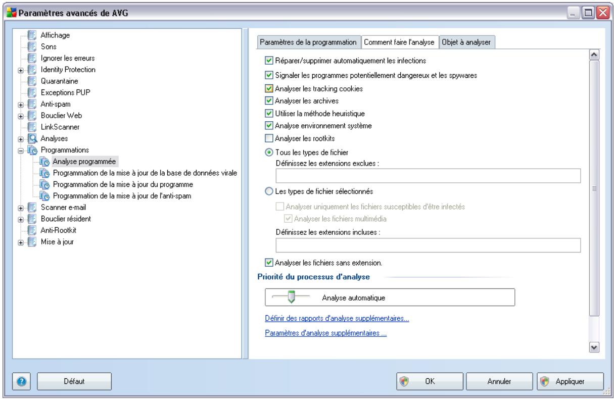 Paramètres avancés de AVG Affichage Sons Ignorer les erreurs Identity Protection Quarantaine Exceptions PUP Anti-spam Bouclier Web LinkScanner Analyses Programmations Analyse programmée Programmation de la mise à jour de la base de données virale Programmation de la mise à jour du programme Programmation de la mise à jour de l'anti-spam Scanner e-mail Bouclier résident Anti-Rootkit Mise à jour Paramètres de la programmation Comment faire l'analyse Objet à analyser Réparer/supprimer automatiquement les infections Signaler les programmes potentiellement dangereux et les spywares Analyser les tracking cookies Analyser les archives Utiliser la méthode heuristique Analyse environnement système Analyser les rootkits Tous les types de fichier Définissez les extensions exclues : Les types de fichier sélectionnés Analyser uniquement les fichiers susceptibles d'être infectés Analyser les fichiers multimédia Définissez les extensions incluses : Analyser les fichiers sans extension. Priorité du processus d'analyse Analyse automatique Définir des rapports d'analyse supplémentaires... Paramètres d'analyse supplémentaires ... DÉFAUT OK Annuler Appliquer